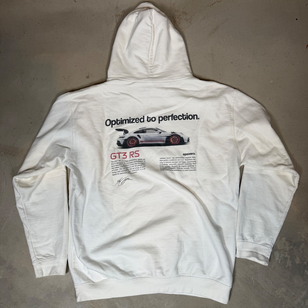 Apexero Porsche GT3 RS White Graphic Hoodie Mens Large Optimized To Perfect